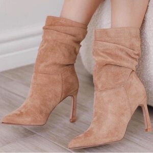 So Me Nude Tan Heel Scrunch Booties Heel Boots